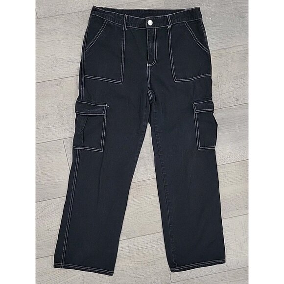 Hesperus Womens Pants Size L Black Wide Leg Cargo White Stitching Skater Emo - Picture 1 of 5
